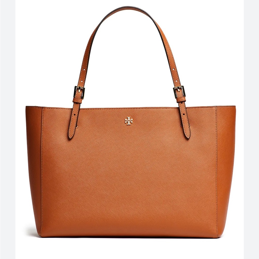 Tory Burch York Buckle Tote Bag Saffiano Tan Brown Purse Three Compartment